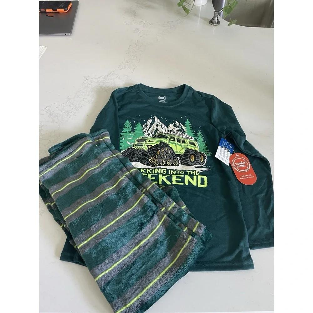 Wonder Nation Boys Pajama Set L 10-12‎ Green Monster Truck Flame Resistant New